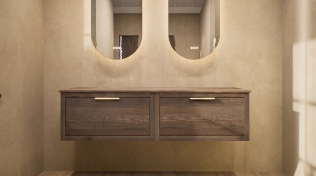 Wandhängendes Badezimmermöbel 160 cm aus Natureiche mit eine Schublade und beige Kalksteinwaschtisch (Top-Qualität)