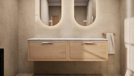Wandhängendes Badezimmermöbel 160 cm aus dunkler Eiche mit eine Schublade und beige Kalksteinwaschtisch