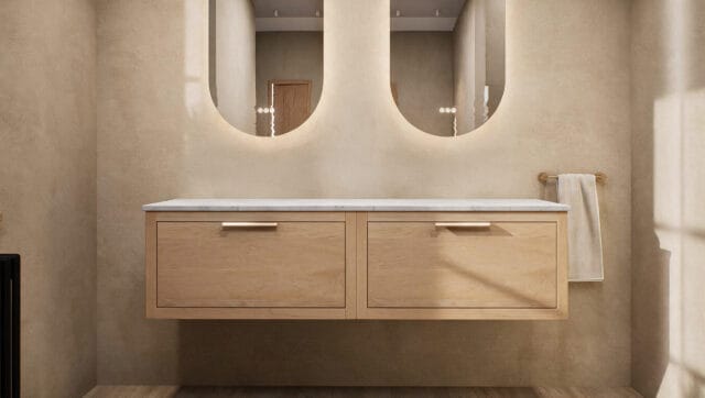 Wandhängendes Badezimmermöbel 160 cm aus dunkler Eiche mit eine Schublade und beige Kalksteinwaschtisch