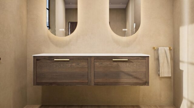 Wandhängendes Badezimmermöbel 160 cm aus Natureiche mit eine Schublade und weißes Solid-Surface-Aufsatzbecken