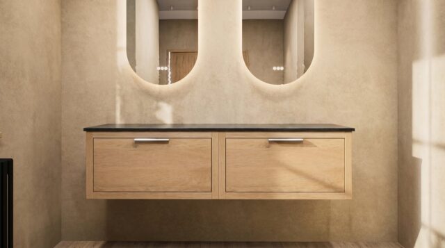 Wandhängendes Badezimmermöbel 160 cm aus dunkler Eiche mit eine Schublade und weißes Solid-Surface-Aufsatzbecken (neuwertig)