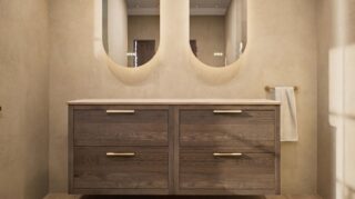 Wandhängendes Badezimmermöbel 160 cm aus Natureiche mit zwei Schubladen und beige Kalksteinwaschtisch