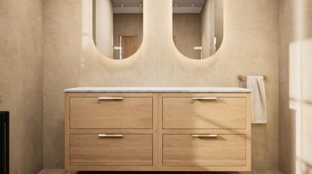 Wandhängendes Badezimmermöbel 160 cm aus dunkler Eiche mit zwei Schubladen und beige Kalksteinwaschtisch (design)