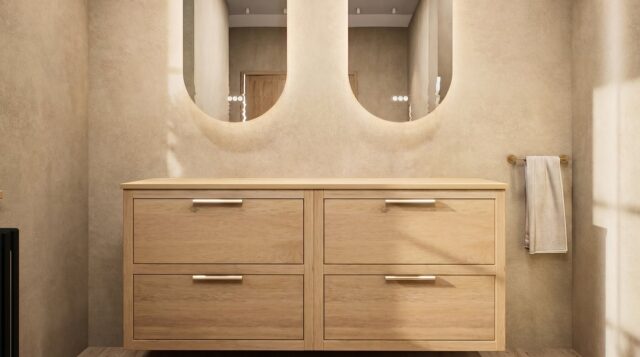 Wandhängendes Badezimmermöbel 160 cm aus dunkler Eiche mit zwei Schubladen und weiße Marmorplatte