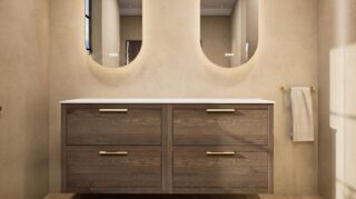 Wandhängendes Badezimmermöbel 160 cm aus Natureiche mit zwei Schubladen und weißes Solid-Surface-Aufsatzbecken