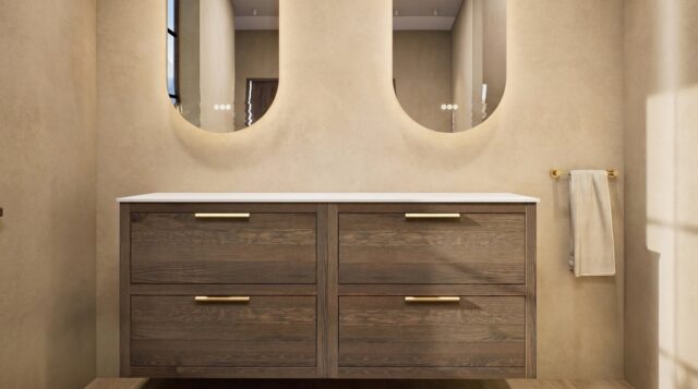 Wandhängendes Badezimmermöbel 160 cm aus Natureiche mit zwei Schubladen und weißes Solid-Surface-Aufsatzbecken