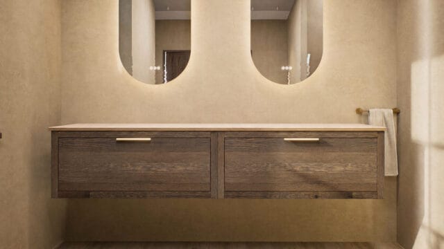 Wandhängendes Badezimmermöbel 200 cm aus Natureiche mit eine Schublade und beige Kalksteinwaschtisch (design)