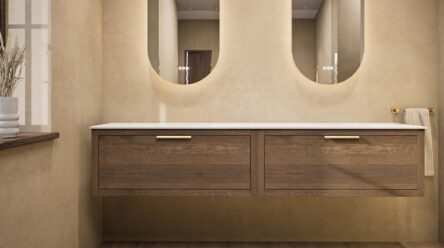 Wandhängendes Badezimmermöbel 200 cm aus Natureiche mit eine Schublade und weißes Solid-Surface-Aufsatzbecken