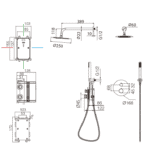 Modernes thermostatisches Unterputz-Duschsystem in gebürstetem Nickel, Kopfbrause Ø25 cm und separatem Handbrausenset. Wandanschluss. Erhältlich in 6 Farben und mit 5 Jahren Garantie. Charakteristisch für die Toscana Serie ist das gedrehte Relief an der B