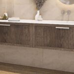 Wandhängendes Badezimmermöbel 140 cm aus dunkler Eiche mit zwei Schubladen und mattweißer Mineralguss-Waschtisch (Naturholz)