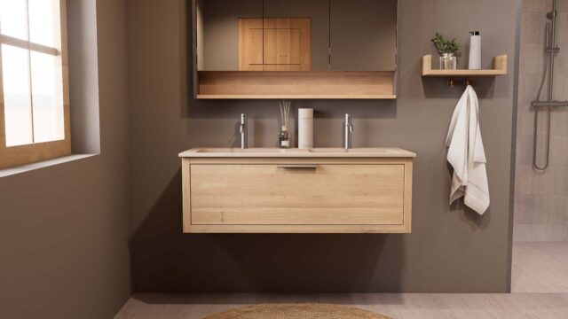 Wandhängendes Badezimmermöbel 120 cm aus Natureiche mit eine Schublade und matt-weißer Mineralguss-Waschtisch