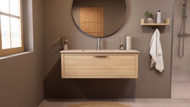 Wandhängendes Badezimmermöbel 120 cm aus Natureiche mit Einzelwaschtisch und matt-weißer Mineralguss-Waschtisch