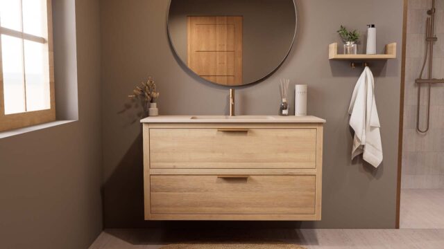 Wandhängendes Badezimmermöbel 120 cm aus Natureiche mit Einzelwaschtisch und matt-weißer Mineralguss-Waschtisch (modern)
