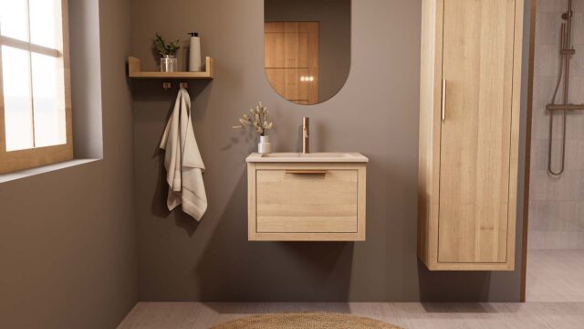 Wandhängendes Badezimmermöbel 60 cm aus Natureiche mit eine Schublade und matt-weißer Mineralguss-Waschtisch