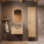 Wandhängendes Badezimmermöbel 70 cm aus Natureiche mit eine Schublade und matt-weißer Mineralguss-Waschtisch