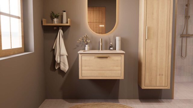 Wandhängendes Badezimmermöbel 70 cm aus Natureiche mit eine Schublade und matt-weißer Mineralguss-Waschtisch