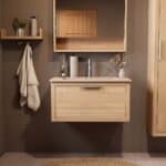 Wandhängendes Badezimmermöbel 80 cm aus Natureiche mit eine Schublade und matt-weißer Mineralguss-Waschtisch