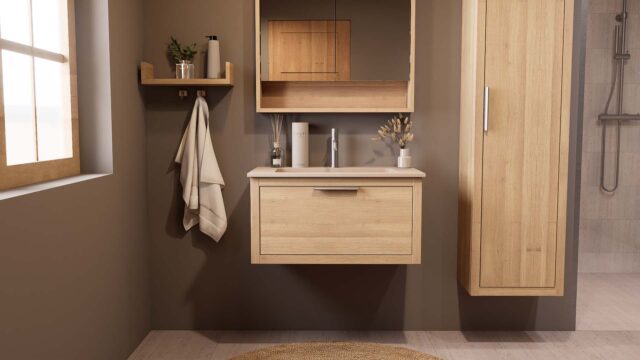 Wandhängendes Badezimmermöbel 80 cm aus Natureiche mit eine Schublade und matt-weißer Mineralguss-Waschtisch