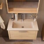 Wandhängendes Badezimmermöbel 80 cm aus Natureiche mit eine Schublade und matt-weißer Mineralguss-Waschtisch