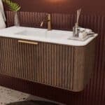 Rundes hängendes Badezimmermöbel 100 cm aus Dunkeleiche mit Riffelfront und mattweißem Solid-Surface-Waschtisch