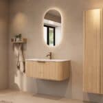 Rundes hängendes Badezimmermöbel 100 cm aus Natureiche mit Glattfront und mattweißem Solid-Surface-Waschtisch