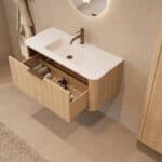 Rundes hängendes Badezimmermöbel 100 cm aus Natureiche mit Glattfront und mattweißem Solid-Surface-Waschtisch