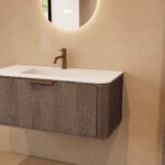 Rundes hängendes Badezimmermöbel 100 cm aus Dunkeleiche mit Glattfront und mattweißem Solid-Surface-Waschtisch
