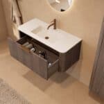 Rundes hängendes Badezimmermöbel 100 cm aus Dunkeleiche mit Glattfront und mattweißem Solid-Surface-Waschtisch
