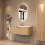 Rundes hängendes Badezimmermöbel 120 cm aus Natureiche mit Glattfront und mattweißem Solid-Surface-Waschtisch