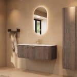 Rundes hängendes Badezimmermöbel 120 cm aus Dunkeleiche mit Glattfront und mattweißem Solid-Surface-Waschtisch
