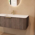Rundes hängendes Badezimmermöbel 120 cm aus Dunkeleiche mit Glattfront und mattweißem Solid-Surface-Waschtisch