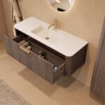 Rundes hängendes Badezimmermöbel 120 cm aus Dunkeleiche mit Glattfront und mattweißem Solid-Surface-Waschtisch
