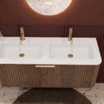Rundes hängendes Badmöbel 120 cm aus Dunkeleiche mit Riffelfront und mattweißem Solid-Surface-Doppelwaschtisch