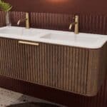 Rundes hängendes Badmöbel 120 cm aus Dunkeleiche mit Riffelfront und mattweißem Solid-Surface-Doppelwaschtisch