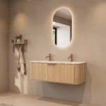 Rundes hängendes Badmöbel 120 cm aus Natureiche mit Glattfront und mattweißem Solid-Surface-Doppelwaschtisch