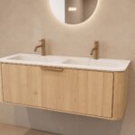 Rundes hängendes Badmöbel 120 cm aus Natureiche mit Glattfront und mattweißem Solid-Surface-Doppelwaschtisch