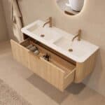 Rundes hängendes Badmöbel 120 cm aus Natureiche mit Glattfront und mattweißem Solid-Surface-Doppelwaschtisch