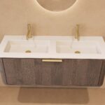 Rundes hängendes Badmöbel 120 cm aus Dunkeleiche mit Glattfront und mattweißem Solid-Surface-Doppelwaschtisch