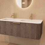 Rundes hängendes Badmöbel 120 cm aus Dunkeleiche mit Glattfront und mattweißem Solid-Surface-Doppelwaschtisch