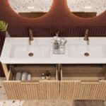 Rundes hängendes Badezimmermöbel 140 cm aus Natureiche mit Riffelfront und mattweißem Solid-Surface-Doppelwaschtisch