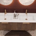 Rundes hängendes Badezimmermöbel 140 cm aus Dunkeleiche mit Riffelfront und mattweißem Solid-Surface-Doppelwaschtisch