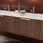 Rundes hängendes Badezimmermöbel 140 cm aus Dunkeleiche mit Riffelfront und mattweißem Solid-Surface-Doppelwaschtisch