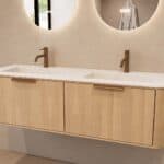 Rundes hängendes Badezimmermöbel 140 cm aus Natureiche mit Glattfront und mattweißem Solid-Surface-Doppelwaschtisch
