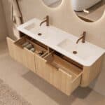 Rundes hängendes Badezimmermöbel 140 cm aus Natureiche mit Glattfront und mattweißem Solid-Surface-Doppelwaschtisch