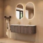 Rundes hängendes Badezimmermöbel 140 cm aus Dunkeleiche mit Glattfront und mattweißem Solid-Surface-Doppelwaschtisch