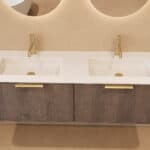 Rundes hängendes Badezimmermöbel 140 cm aus Dunkeleiche mit Glattfront und mattweißem Solid-Surface-Doppelwaschtisch