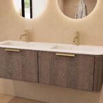 Rundes hängendes Badezimmermöbel 140 cm aus Dunkeleiche mit Glattfront und mattweißem Solid-Surface-Doppelwaschtisch