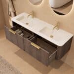 Rundes hängendes Badezimmermöbel 140 cm aus Dunkeleiche mit Glattfront und mattweißem Solid-Surface-Doppelwaschtisch