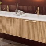 Rundes hängendes Badezimmermöbel 160 cm aus Natureiche mit Riffelfront und mattweißem Solid-Surface-Doppelwaschtisch