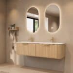 Rundes hängendes Badezimmermöbel 160 cm aus Natureiche mit Glattfront und mattweißem Solid-Surface-Doppelwaschtisch